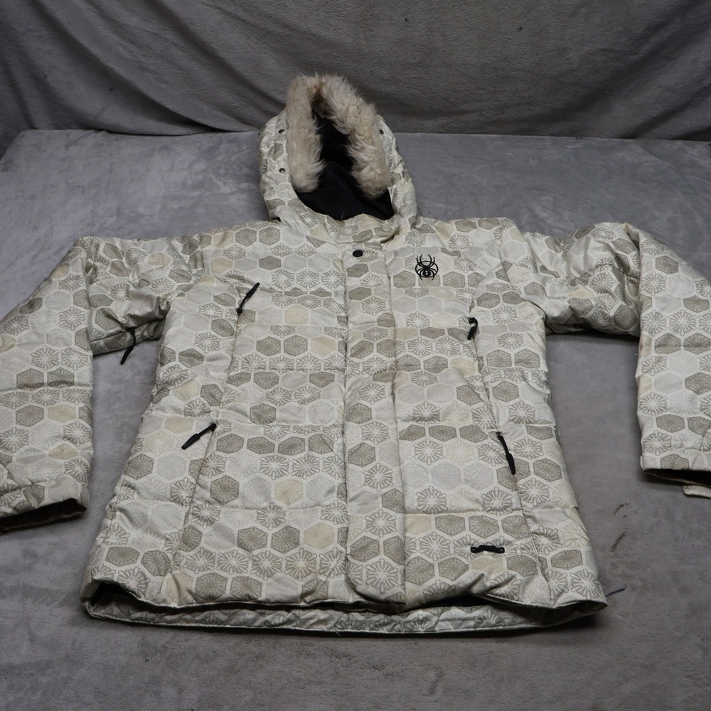 Spyder Down Jacket Women Medium White Insulated Faux Fur Trim Winter Puffer Ski